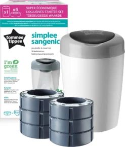 Tommee Tippee Simplee Sangenic Luieremmer, Milieuvriendelijker Systeem, Inclusief 6 Navulcassettes Met Duurzaam Geproduceerde Antibacteriële GREENFILM, Grijs