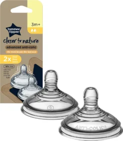 Tommee Tippee Advanced Anti-Colic Zuigfles Spenen, Borst-achtig, Zacht Silicone, Normale Uitstroomsnelheid, 3m+, Verpakking Van 2