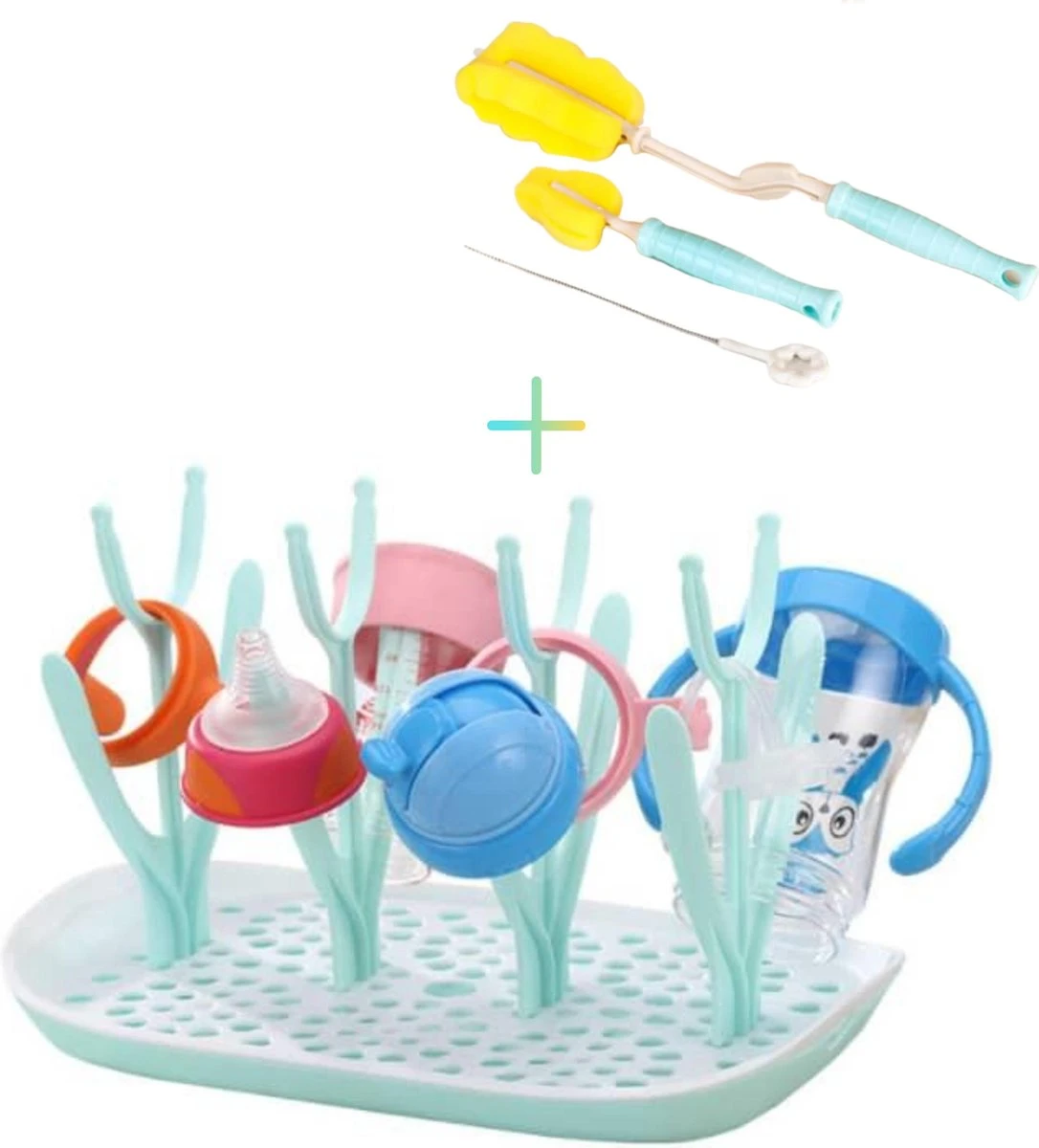 Flessen Droogrek Inclusief Borstelset - Afdruiprek Babyflessen Met Flessenborstels - Flessendroogrek Met Lekbak - Mint - Afbeelding 11