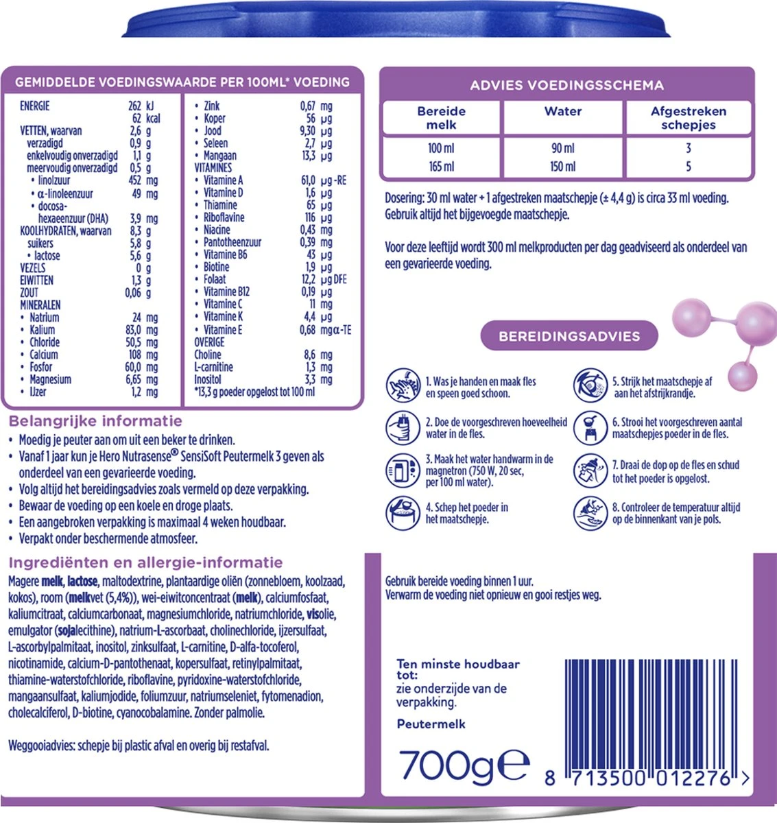 Hero Nutrasense SensiSoft Peutermelk 3 - Flesvoeding Vanaf 1 Jaar - 3 X 700 Gram - Met Melkvet - Palmolie Vrij - Afbeelding 3
