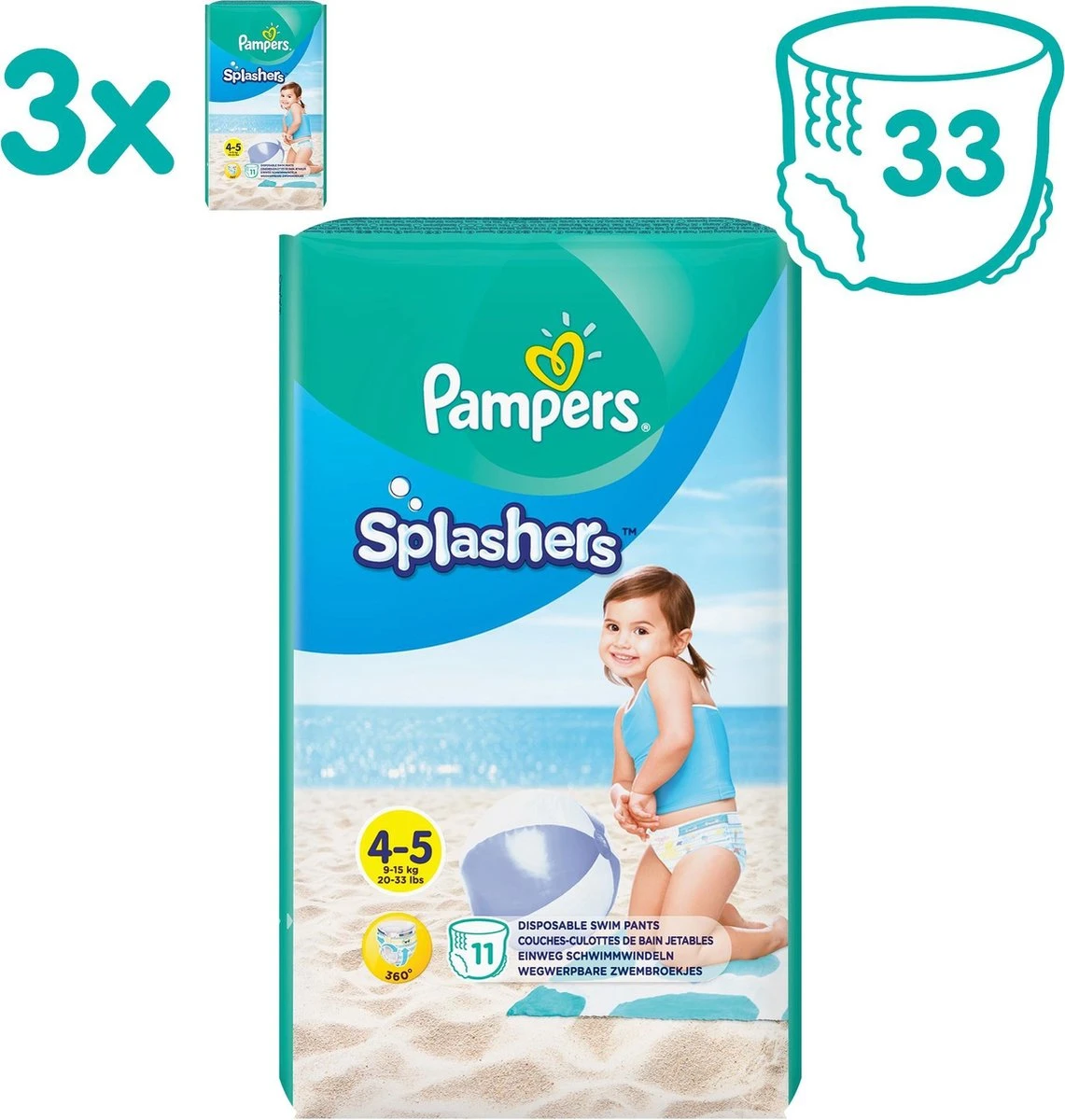 Pampers® Pampers Splashers Wegwerpbare Zwemluiers - Maat 4-5 (9-15 Kg) - 33 Stuks - Voordeelverpakking