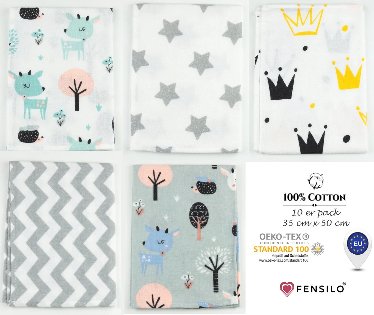 Spuugdoekjes – Monddoekjes – 10 Pack - Flanellen Doeken - Monddoekje 35x50cm – 100% Katoen – Fensilo – Spuugdoek Unisex – Wit – Dieren - Grijs - Flanellen Luiers - Afbeelding 4