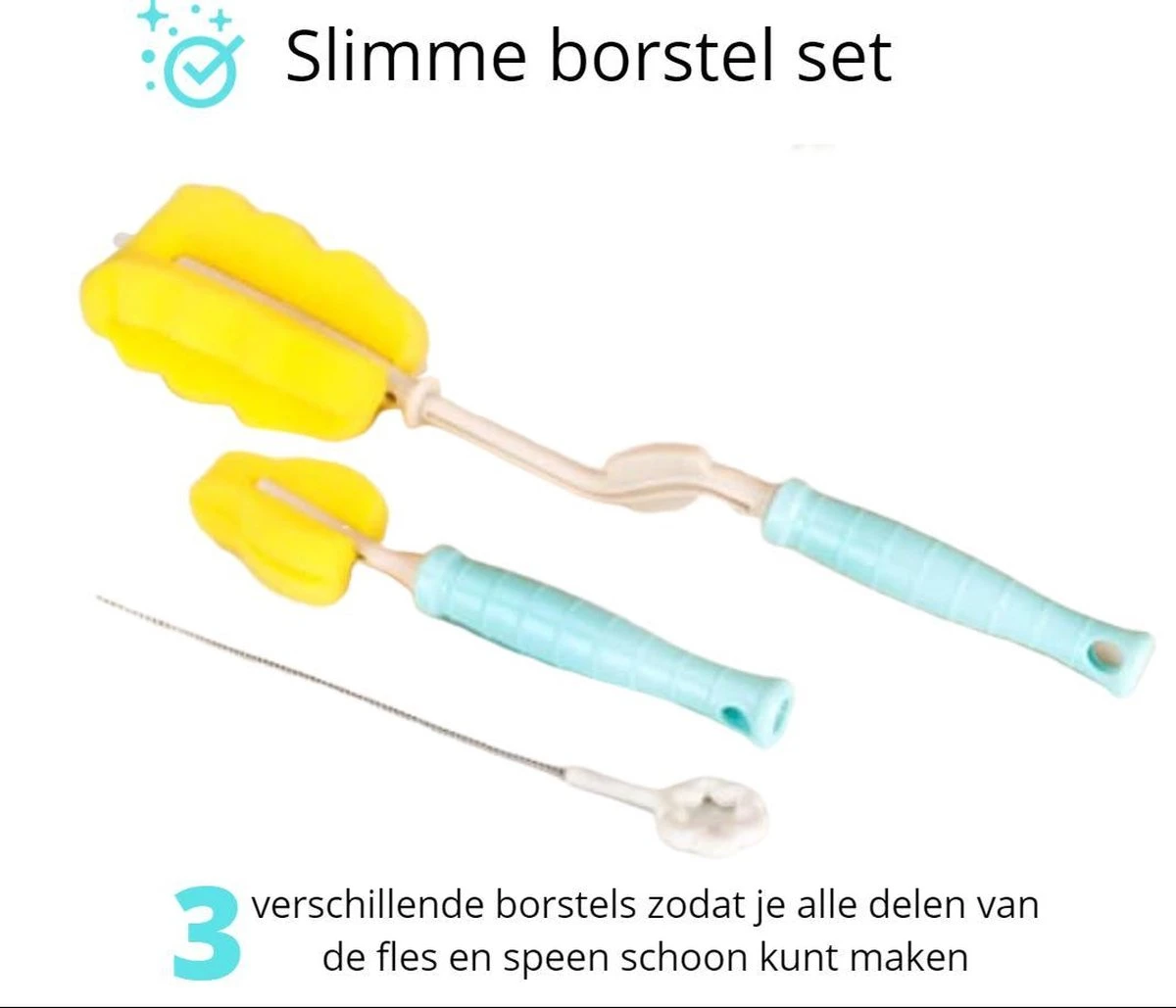 Flessen Droogrek Inclusief Borstelset - Afdruiprek Babyflessen Met Flessenborstels - Flessendroogrek Met Lekbak - Mint - Afbeelding 6