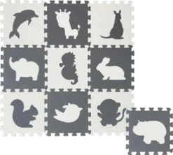 Merkloos Dieren Foam Puzzel Speelmat - 10 Speelmatten - Uitneembare Figuren - Grijs - Wit - Puzzelmat 90x90x1cm