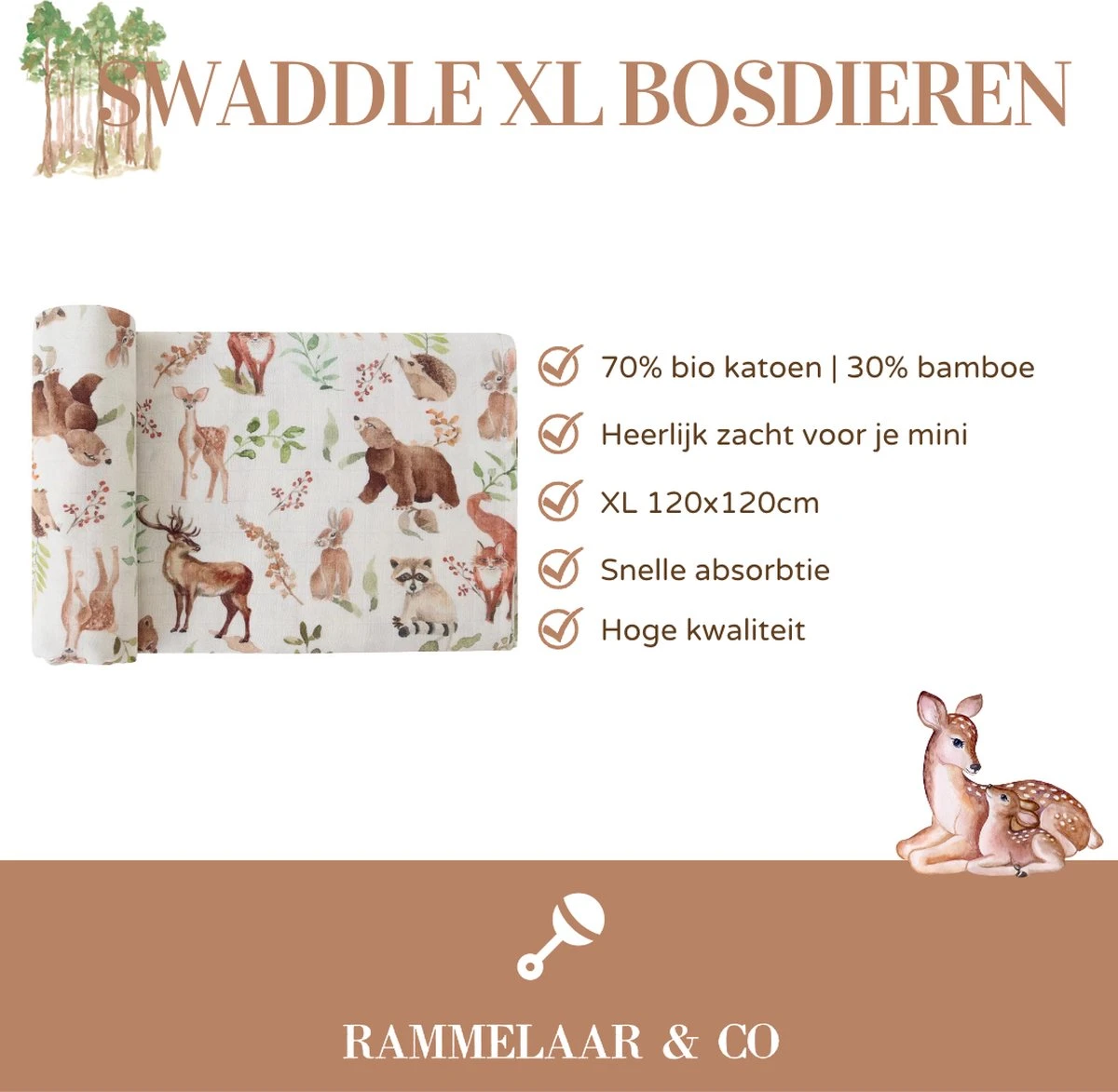 Hydrofiele Doek - Hydrofiele Doek XL - Bosdieren - 120x120cm - Multidoek - Hydrofiel - Swaddle - Hydrofiele Luier -XL - Bamboe - Hydrofieldoek - Hydrofieldoek Bosdieren - Omslagdoek Baby - Emmailloter - Afbeelding 3