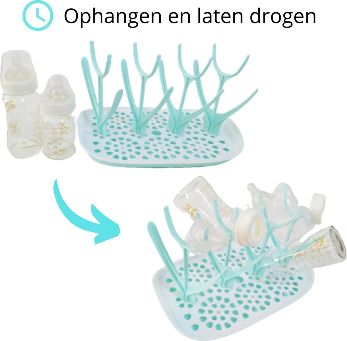 Flessen Droogrek Inclusief Borstelset - Afdruiprek Babyflessen Met Flessenborstels - Flessendroogrek Met Lekbak - Mint - Afbeelding 4