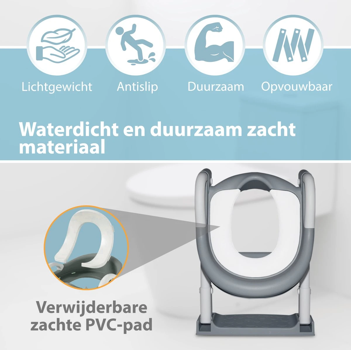 Merkloos Levlo Goods WC Verkleiner – WC Verkleiner Met Trapje – Toilettrainer – Verstelbaar – Incl. Handvaten - Grijs - Afbeelding 3