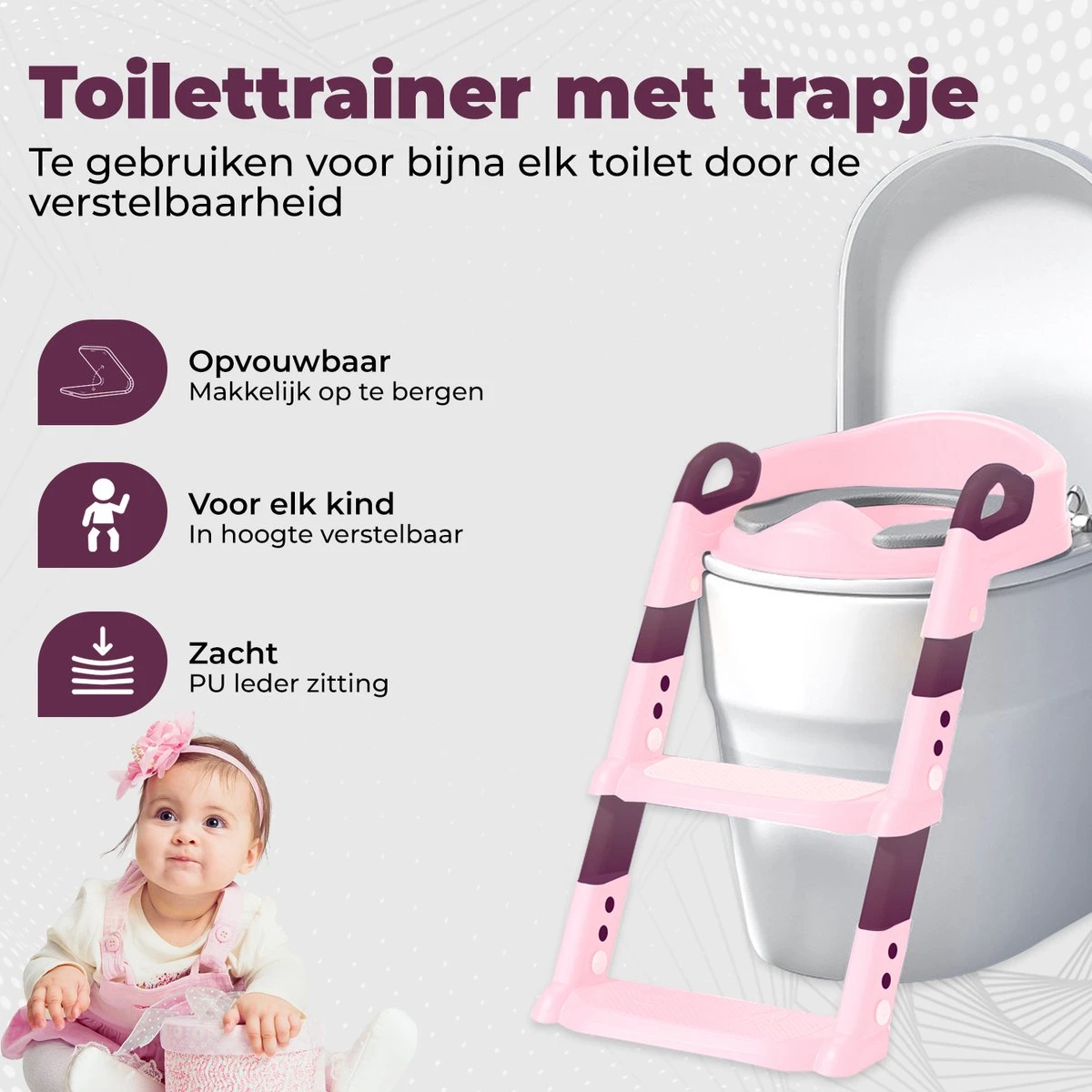 WC Verkleiner Met Trapje - Inclusief Handvaten - Opvouwbaar - 2 Tot 7 Jaar - Roze - Paars - Afbeelding 6