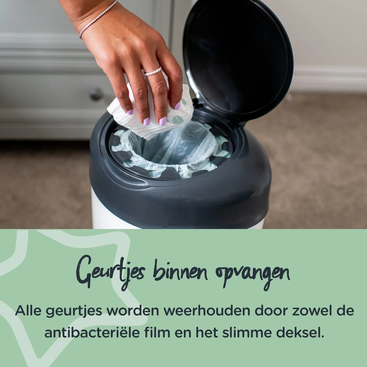 Tommee Tippee Simplee Sangenic Luieremmer, Milieuvriendelijker Systeem, Inclusief 1 Navulcassette Met Duurzaam Geproduceerde Antibacteriële GREENFILM, Grijs - Afbeelding 3