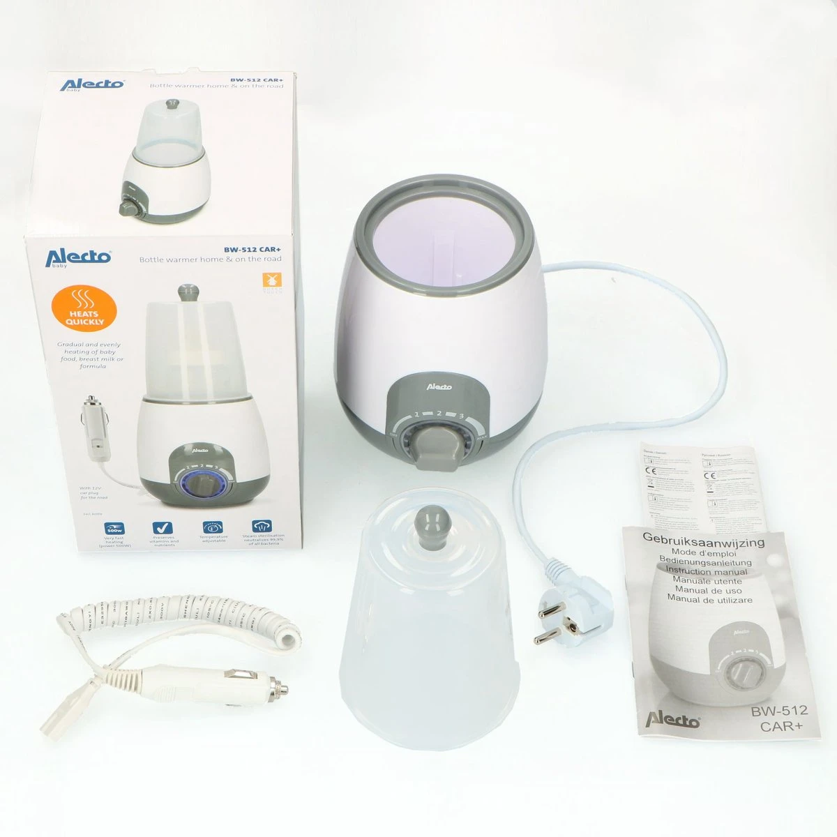 Alecto BW-512 CAR+ - Flessenwarmer 500W - Snelle Opwarming En Sterilisatie Thuis En Onderweg - Geleverd Met 12V Auto Adapter En Stoomkap - Wit - Afbeelding 9