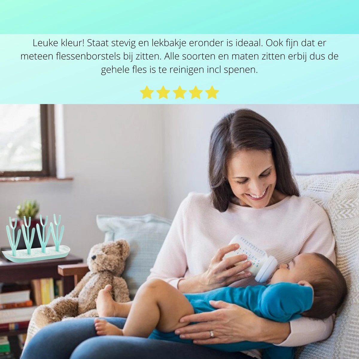 Flessen Droogrek Inclusief Borstelset - Afdruiprek Babyflessen Met Flessenborstels - Flessendroogrek Met Lekbak - Mint - Afbeelding 3