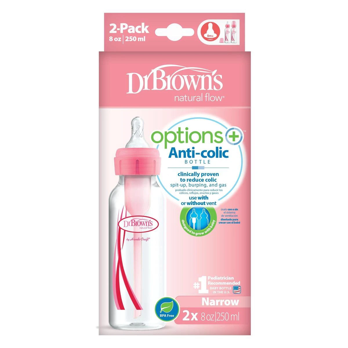 Dr. Brown's Options+ Anti-colic Standaard Fles - 250 Ml - Roze - Duopack - Afbeelding 2