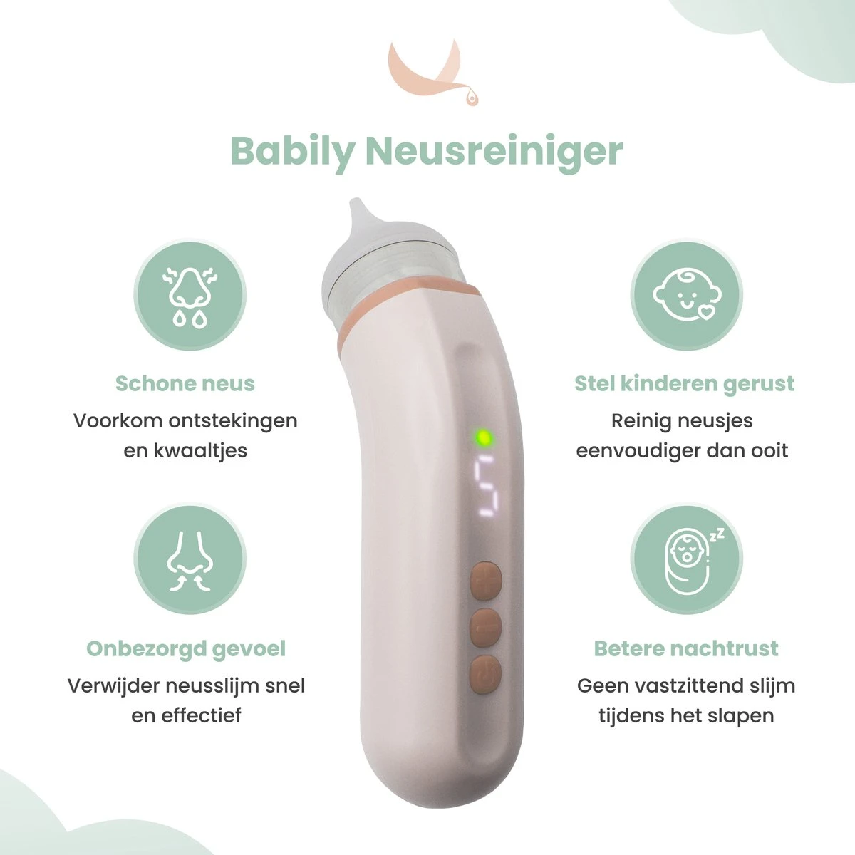 Babily® - Elektrische Neusreiniger Voor Baby's - 0 T/m 6 Jaar - Neuszuiger - Neuspeer - Snoetenpoetser - Toetenveger - Aspirator - Incl. 5 Zuigkrachtstanden En 3 Kalmerende Melodieën - Afbeelding 3