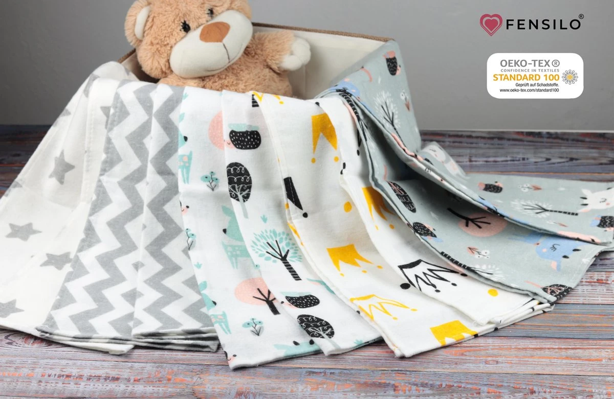 Spuugdoekjes – Monddoekjes – 10 Pack - Flanellen Doeken - Monddoekje 35x50cm – 100% Katoen – Fensilo – Spuugdoek Unisex – Wit – Dieren - Grijs - Flanellen Luiers