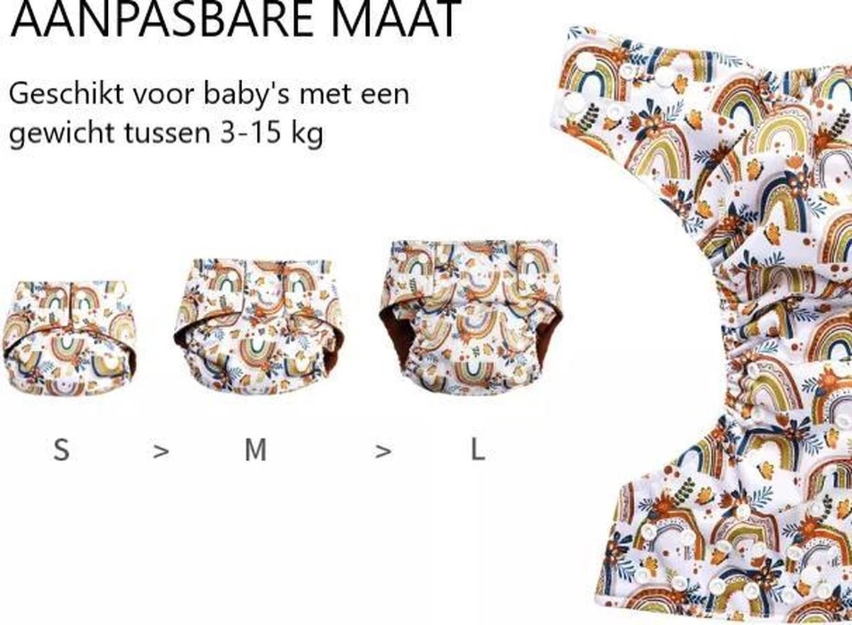 BonBini´s Luiers - Wasbare Luier Rainbows 3-15 Kg - Luierbroekje - Dubbele Antilek Preventie - Zwemluier Drukknoopjes En Verstelbaar Maat S, M, L Maat 1 T/m 5 - Afbeelding 3