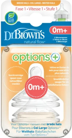 Dr. Brown's Options+ Anti-colic Fles Speen - Fase 1 - Voor Brede Halsfles - 2 Stuks