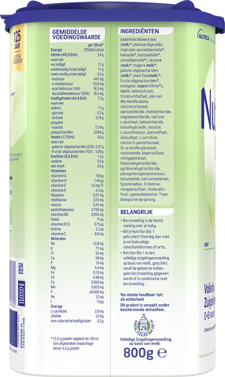 Nutrilon Bio 1 - Volledige Zuigelingenvoeding 0-6 Maanden - 800g - IE-ORG-02 - Afbeelding 4