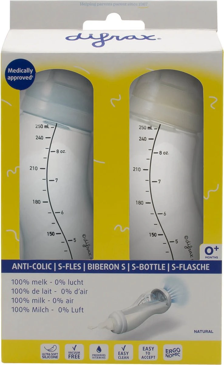 Difrax - S-Fles Duopack - Wit/Blauw - 250ml - 0+ Maanden - Afbeelding 3