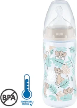 NUK | Disney | First Choice+ | Babyfles | 6-18 Maanden | Maat M | Temperatuurcontrole | Anti-kolische Ventilatie | 300 Ml | BPA-vrij | Siliconen Teat | Leeuw King 6-18 Maanden
