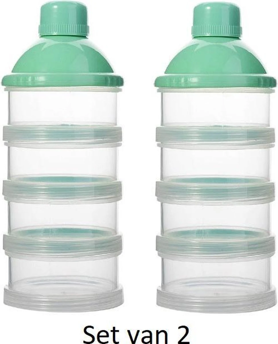 Merkloos Melkpoeder Doseerdoosje - Set Van 2 - BPA Vrij - Groen - 4 Lagen -Melkpoeder Toren - Babypoeder Bewaarbakje - Reisbox - Dispenser - Poedertoren