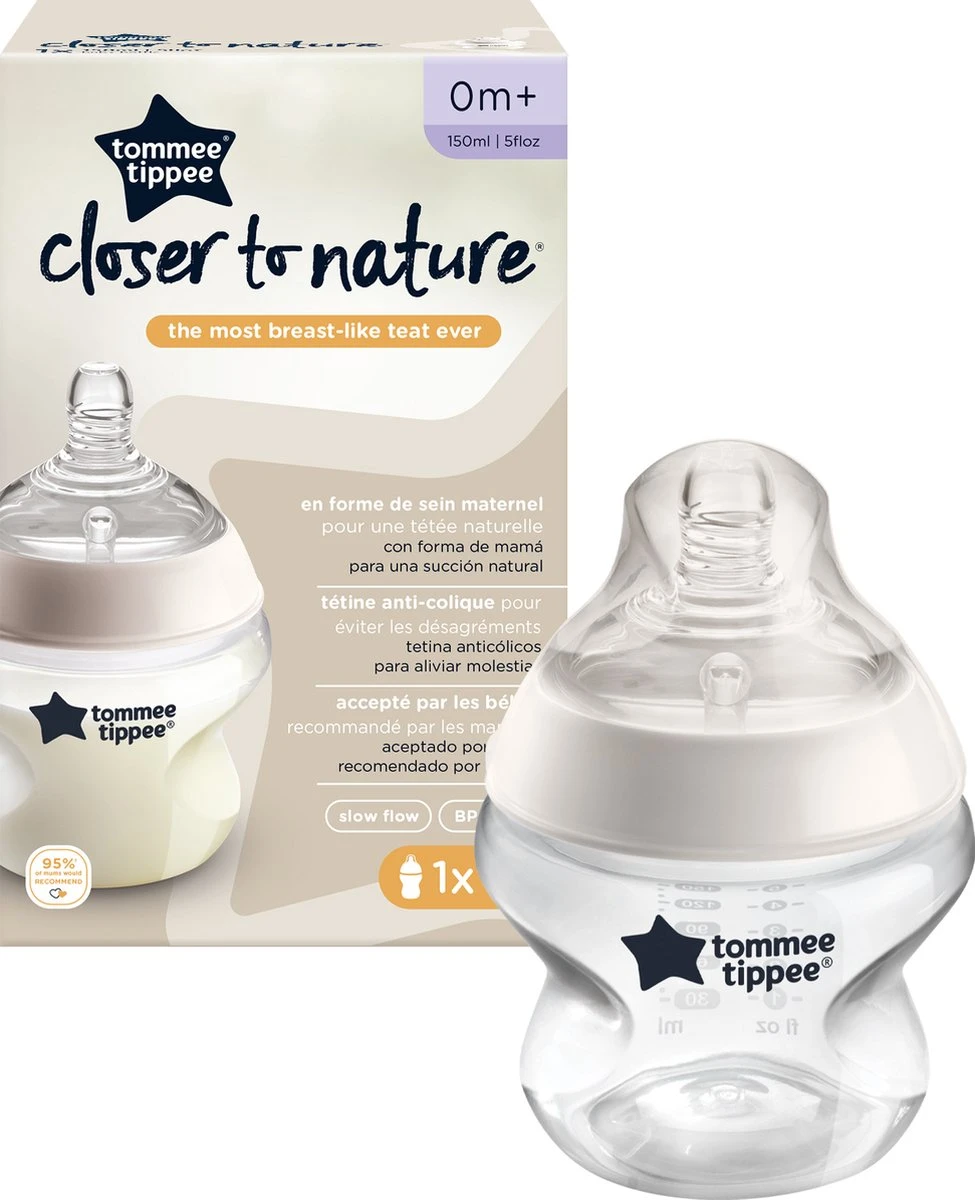 Tommee Tippee Closer To Nature - Zuigfles - Tepelspeen Met Langzame Uitstroomsnelheid En Anti-koliek Ventiel - 150 Ml -1 Stuk - Doorzichtig - Afbeelding 2