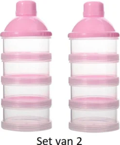 Merkloos Melkpoeder Doseerdoosje - Set Van 2 - BPA Vrij - Roze - 4 Lagen -Melkpoeder Toren - Babypoeder Bewaarbakje - Reisbox - Dispenser - Poedertoren